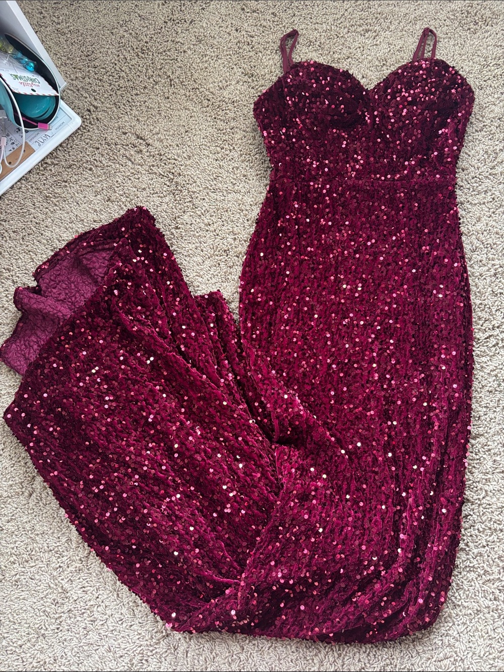 Sequin Sweetheart Burgundy Prom Dress with Spaghetti Straps